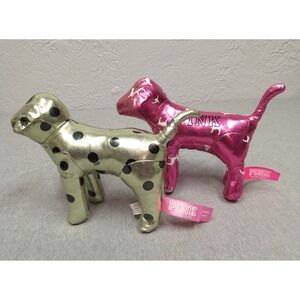 2 Victoria's Secret PINK Iconic Metallic Shiny Pink Gold Stuffed Mini Dog